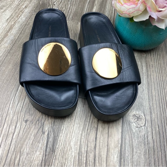 Tory Burch Shoes - Tory Burch Black Leather Slide Sandals with Gold Medallions